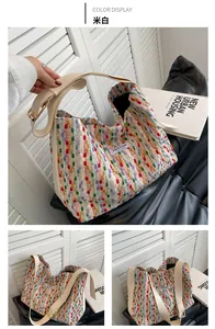 Detailed macro of cream-white knitted tote bag featuring vibrant colorful dot embroidery
