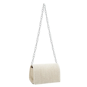 Minimalist beige woven chain square shoulder bag with silver metal strap for women