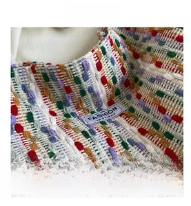 Macro detail of multi-colored textured embroidery and Fashion Instinct brand label