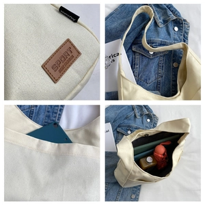 Detail shots showing leather patch, strap stitching, and large capacity of canvas tote bag