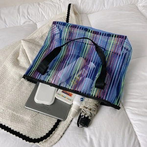 Grand sac cabas transparent bleu en maille filet avec rayures et grande capacité