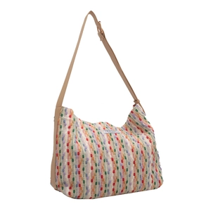 Large capacity colorful woven tote bag with adjustable shoulder straps and fashion label
