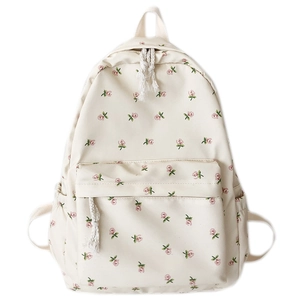 Minimalist beige floral canvas backpack with pink flower patterns and front pocket