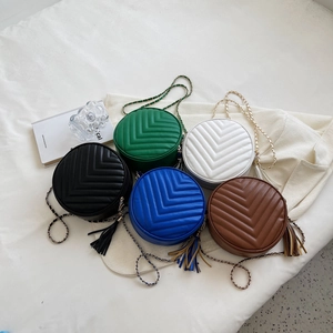 Women Small Round Quilted Shoulder Bag Fashion Chevron Crossbody Bag Metal Chain Strap Tassel Zipper Polyester Handbag