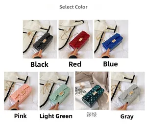 Detailed grid of quilted chain crossbody bags in seven vibrant glossy colors with gold locks