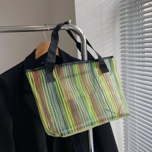 Grand Sac Cabas Femme Transparent en PVC Maille à Rayures Verticales Colorées Sac à Main Épaule Décontracté Été Plage Voyage