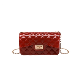 Deep red quilted jelly crossbody bag with gold chain strap and metallic twist lock