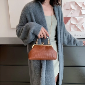 Brown crocodile texture vintage handbag with gold metal handle and chain strap