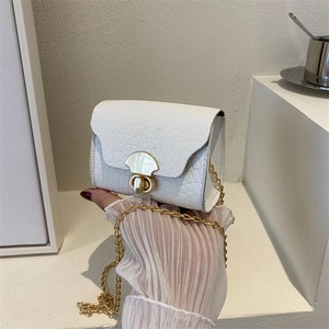 White crocodile pattern mini chain bag with elegant gold twist lock and metal strap