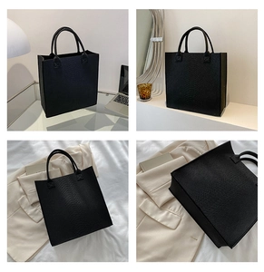 Detail view of black animal pattern tote bag in professional and lifestyle settings