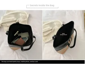 Detail view of large capacity tote bag featuring mixed textures and spacious main pocket