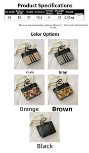 Detailed size chart and multi-color view of large capacity PU leather patchwork tote bag