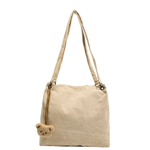 Grand sac cabas beige en velours côtelé avec pendentif ours mignon pour femme