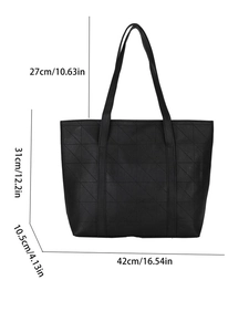 Detailed dimension guide for black geometric quilted tote bag with measurements shown