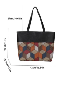 Detailed view of large tote bag dimensions showing multicolored geometric patchwork patterns