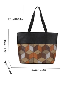 Detailed view of large tote bag with 3D geometric patterns and dimensions measurements