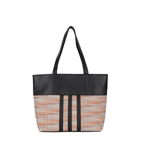 Ethnic style large capacity tote bag with black leather and colorful woven fabric