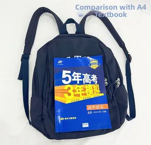 Deep blue nylon backpack size comparison showing capacity to hold A4 sized books