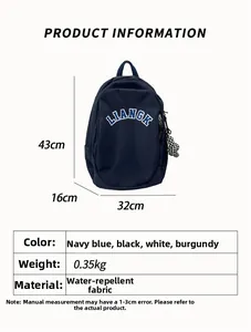 Detailed view of navy nylon backpack with 43x32x16cm dimensions and water-repellent fabric