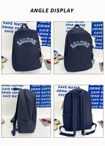 Multi-angle views of blue nylon backpack with LIANGK logo and plush bear charm
