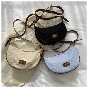Women Checkered Pattern Canvas Shoulder Bag Fashion Half Moon Crossbody Bag With Adjustable Leather Strap Retro Chest Waist Bag