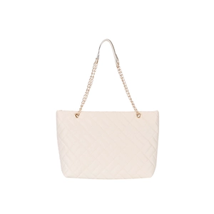 Quilted cream tote bag with gold chain strap in premium faux leather finish