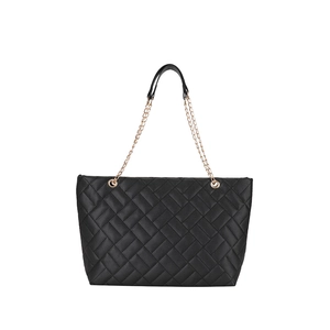 Black quilted large capacity tote bag with glossy finish and gold chain straps