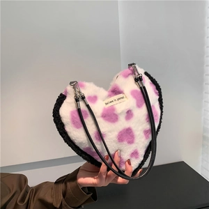 Sac à Épaule en Laine en Forme de Cœur pour Femmes Sac à Bandoulière Mignon en Peluche Fausse Fourrure pour Étudiantes À la Mode