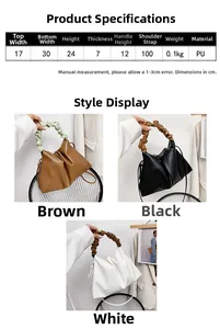 Detailed size specifications and three-color display of pleated bucket bag in PU leather