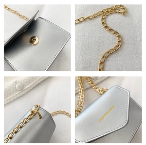 Detail view of silver mini chain bag featuring magnetic closure and golden hardware