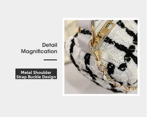 Close-up of golden metal strap hardware on a black and white plaid tweed handbag