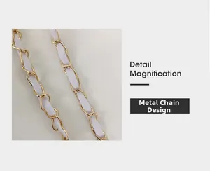 Close-up of the light gold metal chain strap woven with white leather for handbag