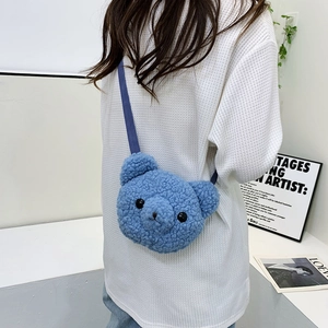 Sac bandoulière ours en peluche bleu pour enfants avec fourrure douce et sangle