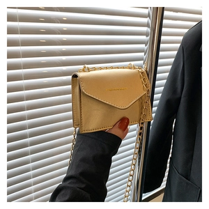 Detail shot of champagne gold mini envelope bag with metal chain and fashion text