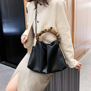 Women Ruched Bucket Shoulder Bag Korean Style PU Leather Handbag With Scrunchie Handle Minimalist Daily Commute Crossbody Bag