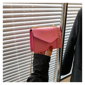 Detail of pink leather mini chain bag with gold Fashion & Bag lettering and flap