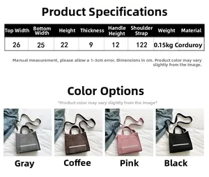 Detailed size chart for corduroy tote bag showing dimensions and four color options