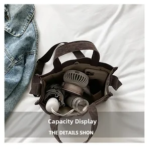 Macro capacity display showing large interior space of corduroy bag with daily essentials