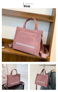 Detail view of pink corduroy tote bag showing textured fabric and reflective strip