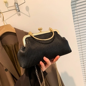 Women Vintage Pleated Evening Bag PU Leather Kiss-lock Square Box Shoulder Bag Gold Metal Handle Chain Strap Crossbody Bag