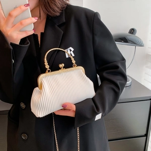 White pleated clutch bag with gold vintage metal handle and frame for women's fashion