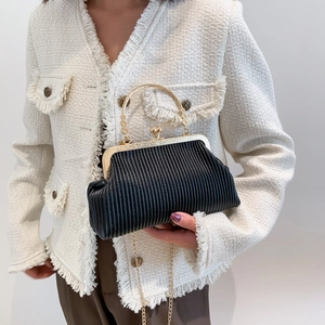 Elegant black pleated handbag with vintage gold handle and chain strap for women