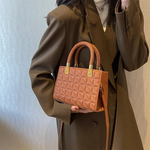 Chic brown quilted crossbody bag with braided top handle for women's casual fashion