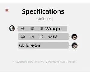 Detailed specifications of the nylon backpack with dimensions 30x14x42cm and 0.4kg weight