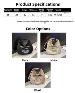 Detailed size specifications for the canvas crossbody bag showing dimensions and colors