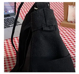Close-up of reinforced stitching on black canvas bag strap for durability
