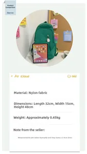 Waterproof green nylon backpack detail showing 32x15x48cm dimensions and 0.45kg weight