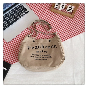 Detailed top view of a khaki canvas crossbody bag with button closures and print