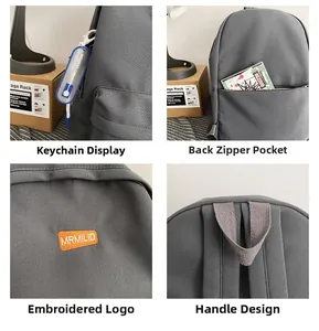 Detailed four-grid view showing hidden back zipper pocket and reinforced top handle of the grey backpack