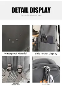 Gray backpack details showing waterproof fabric, adjustable straps, and side pockets
